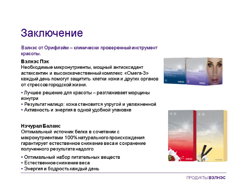 Заключение Вэлнэс от Орифлэйм – клинически проверенный инструмент красоты.  Вэлнэс Пэк Необходимые микронутриенты,